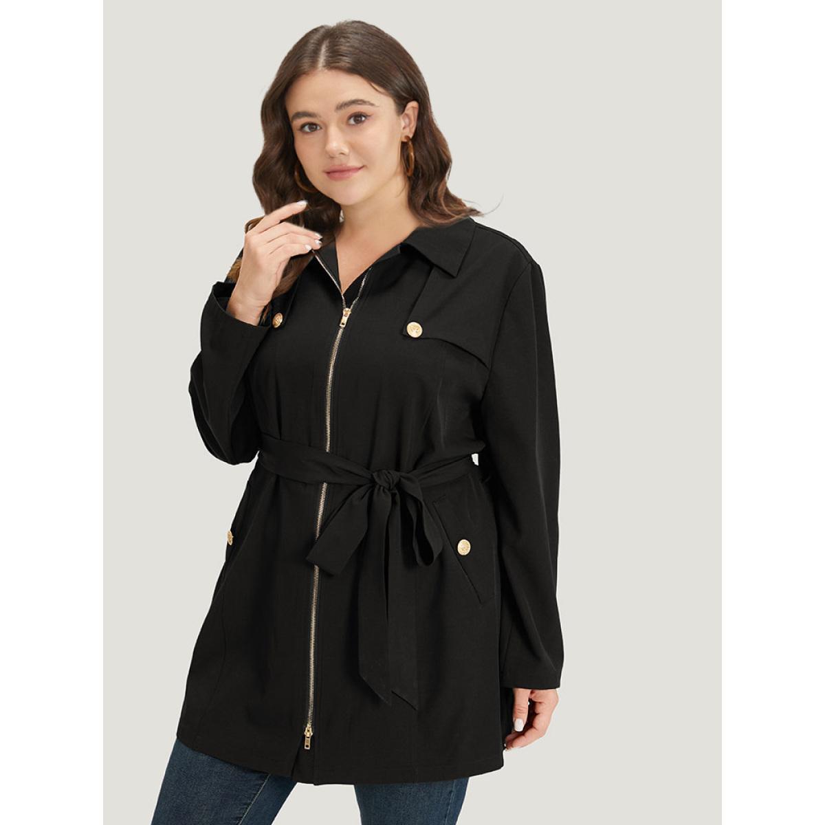 Plus Size Solid Belted Button Detail Zipper Pocket Coat Women Black Plain Pocket Belt Dailywear Jackets BloomChic 14-16/1X Product Image