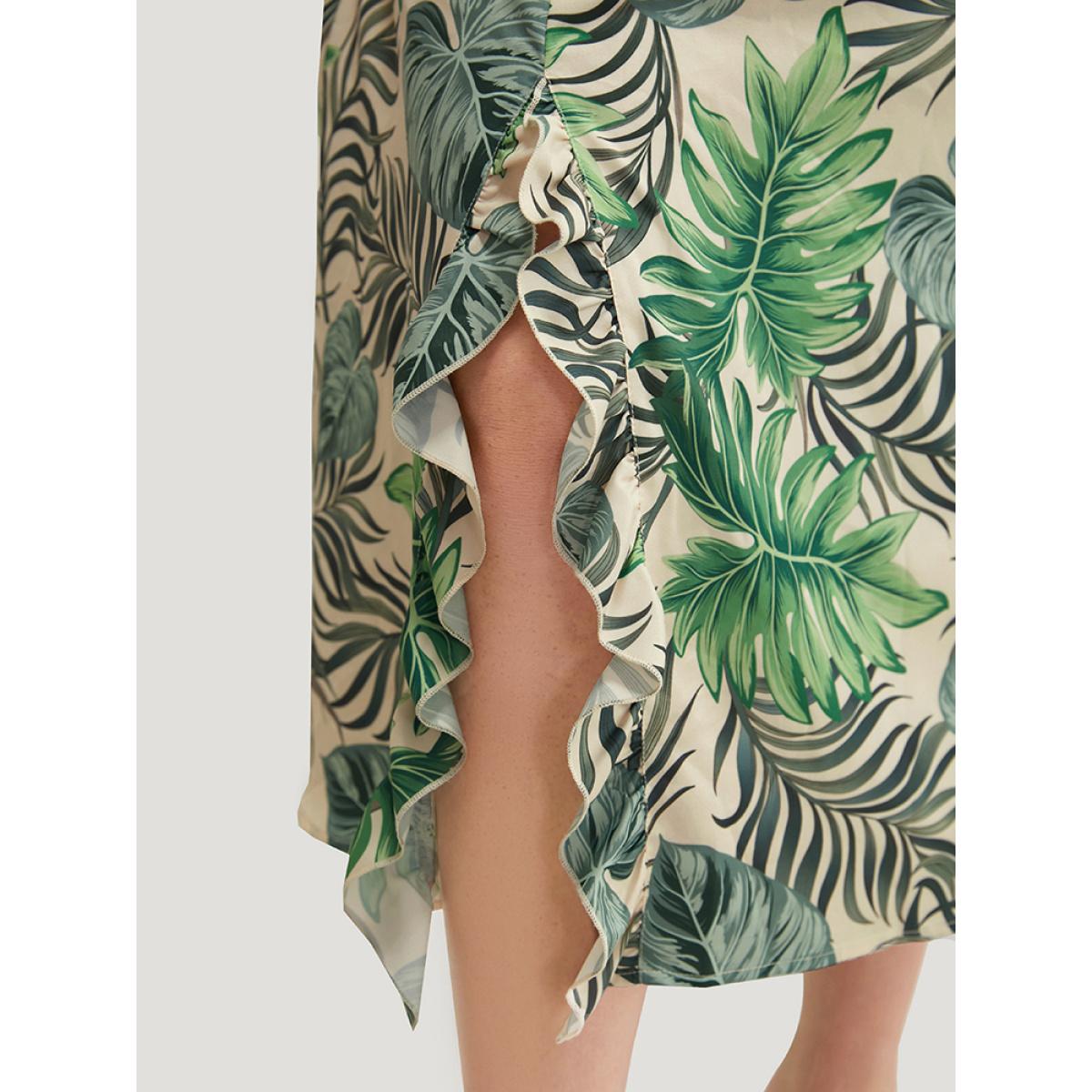 Plus Size Plant Print Cap Sleeve Pocket Ruffle Trim Split Hem Dress Multicolor Women Vacation Slit V-neck Cap Sleeve Curvy Midi Dress BloomChic 14-16/1X Product Image