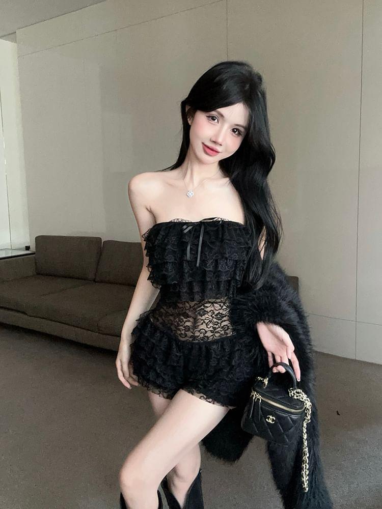Plain Bow Tiered Lace Tube Romper Product Image