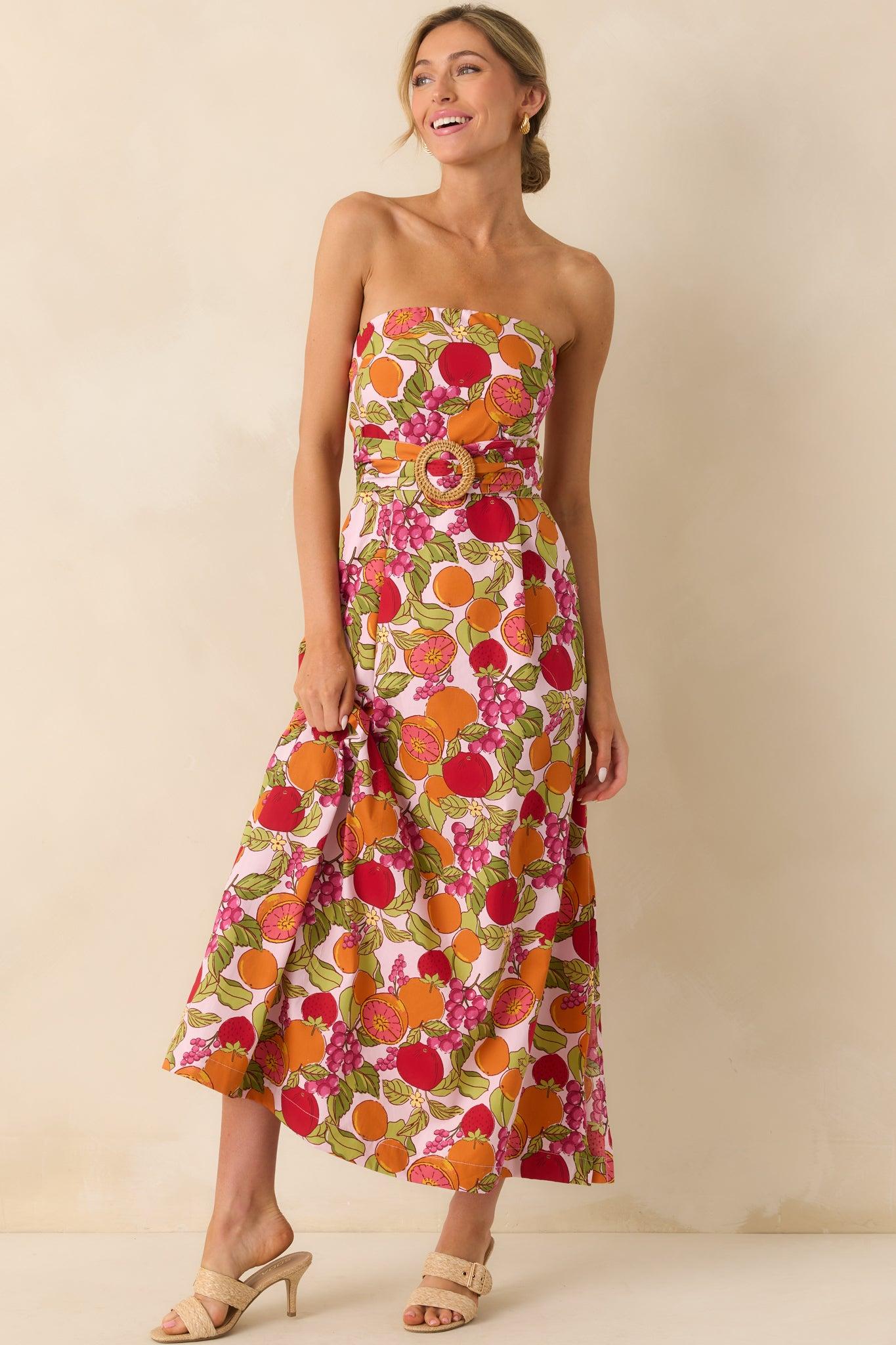 Sweetness To Spare Pink Fruit Print Cotton Strapless Maxi Dress Product Image