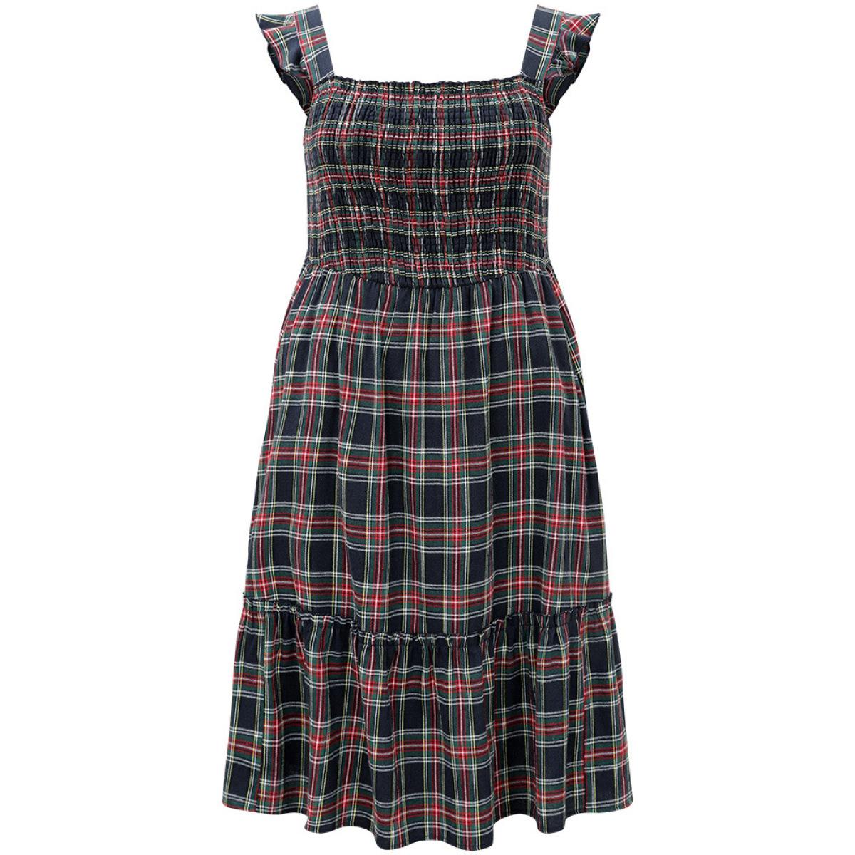 Plus Size Plaid Ruffle Trim Shirred Spaghetti Strap Dress Indigo Women Casual Printed Spaghetti Strap Sleeveless Curvy Midi Dress BloomChic 26/4X Product Image