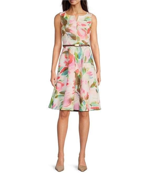Calvin Klein Scuba Split V Neck Sleeveless Belted Floral Sheath Dress Product Image