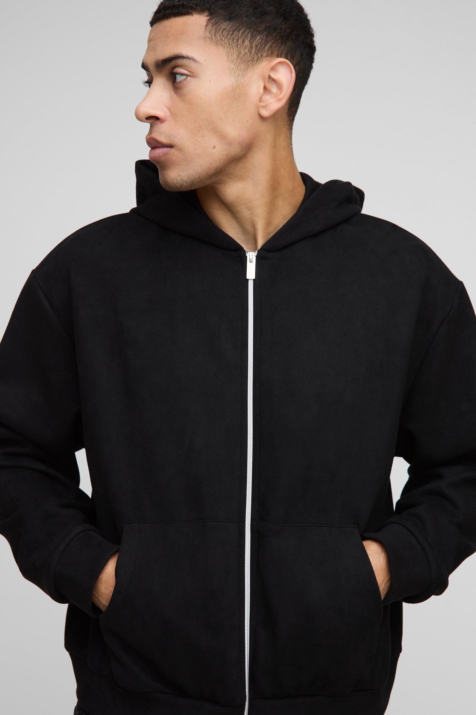 Oversized Boxy Zip Through Faux Suede Hoodie | boohooMAN USA Product Image