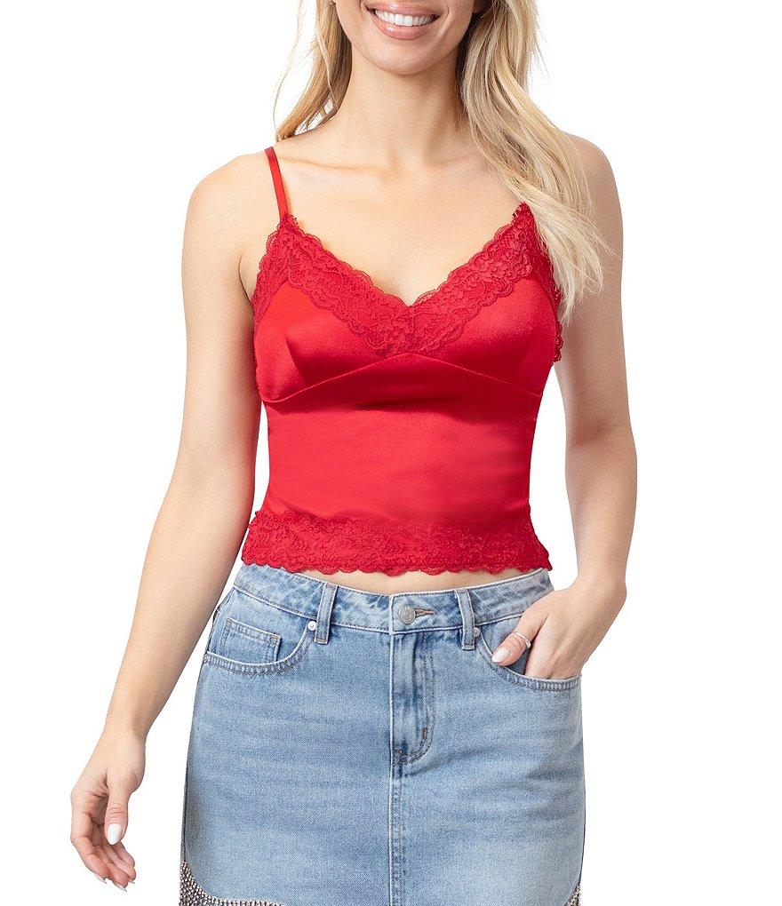 Stevie by Steve Madden Stretch Satin V-Neck Lace Trim Cami Top Product Image