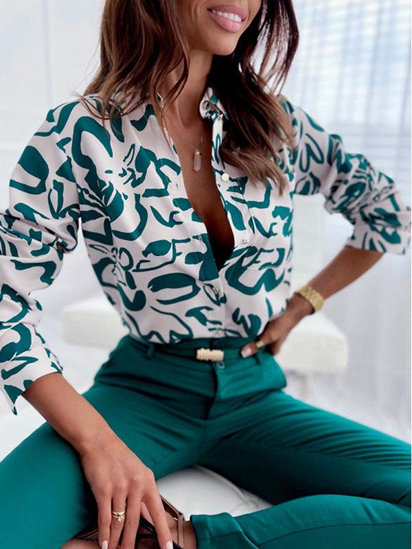 Long Sleeves Loose Printed Lapel Blouses Product Image