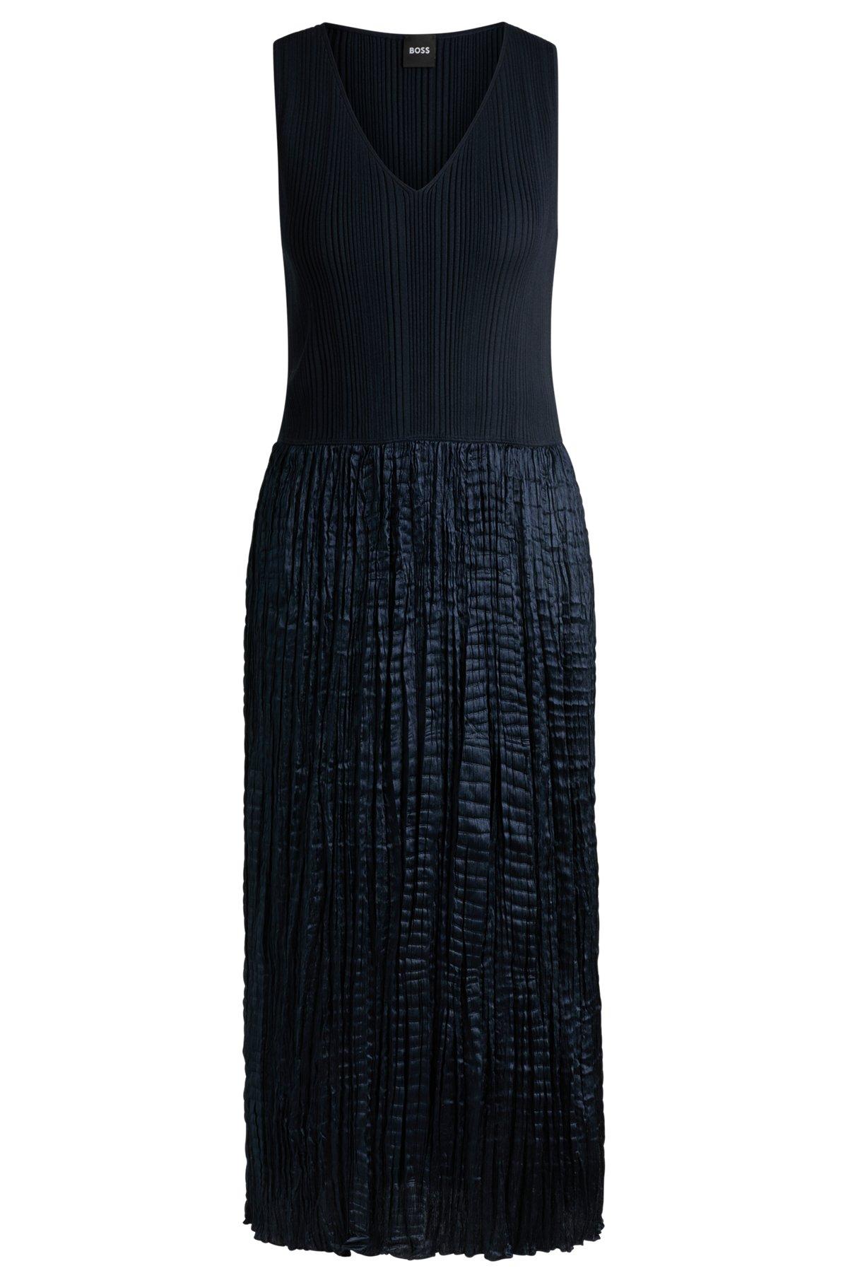 BOSS - Knitted dress with lustrous structured skirt - Dark Blue Product Image