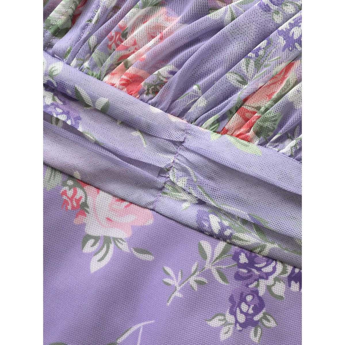 Plus Size Everywhere Dress - Mesh Floral Ruched Dress Lavender Women Elegant Belted One-shoulder neck Sleeveless Curvy BloomChic 26/4X Product Image