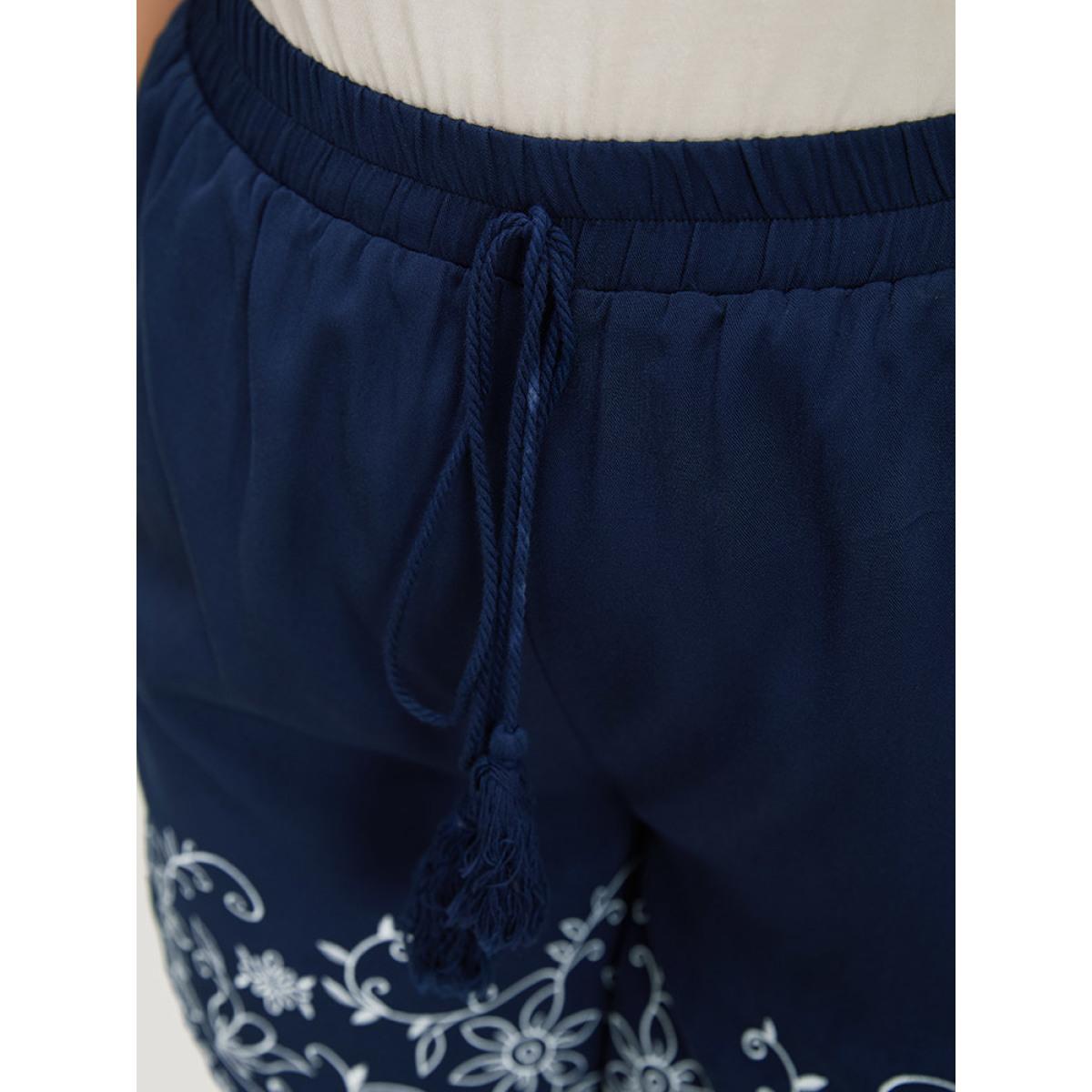 Plus Size Floral Embroidered Pocket Knotted Lettuce Trim Shorts Women Indigo Vacation Knotted Dailywear Shorts BloomChic 18-20/2X Product Image