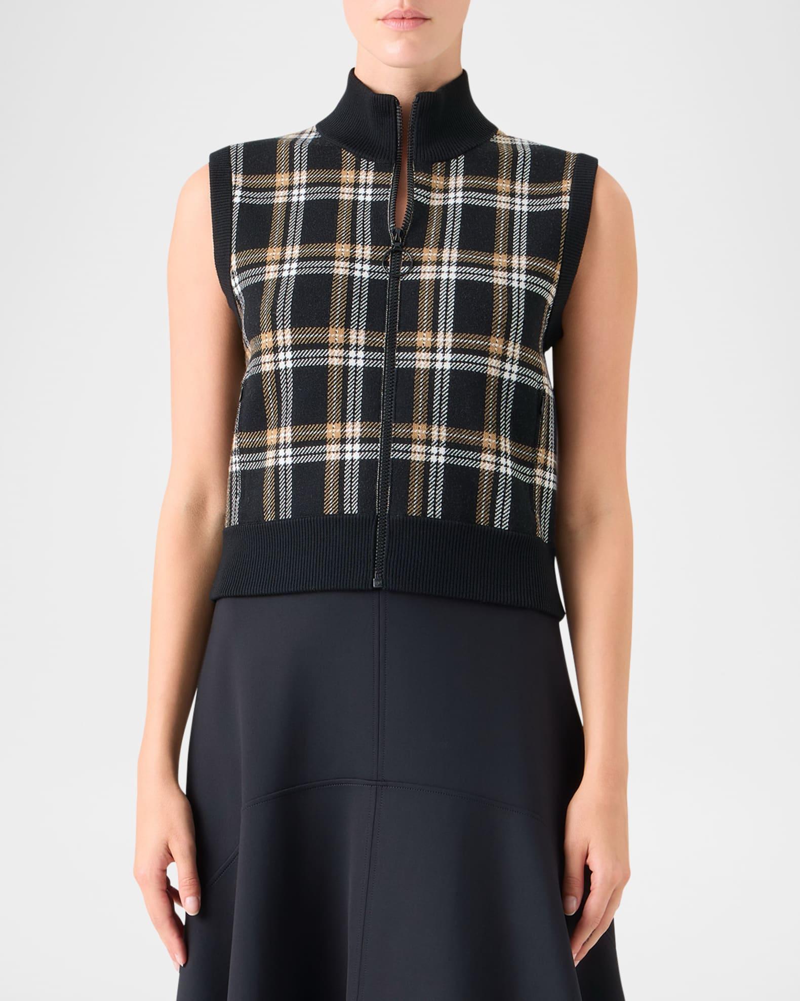Plaid Jacquard Sleeveless Zip Sweater Product Image