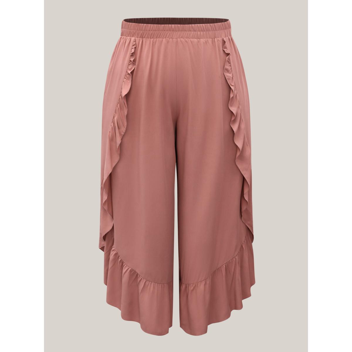 Plus Size Lotus Leaf Edge Solid Wide-Leg Pants Women Rouge Boho Wide Leg Mid Rise Vacation Pants BloomChic 12/L Product Image