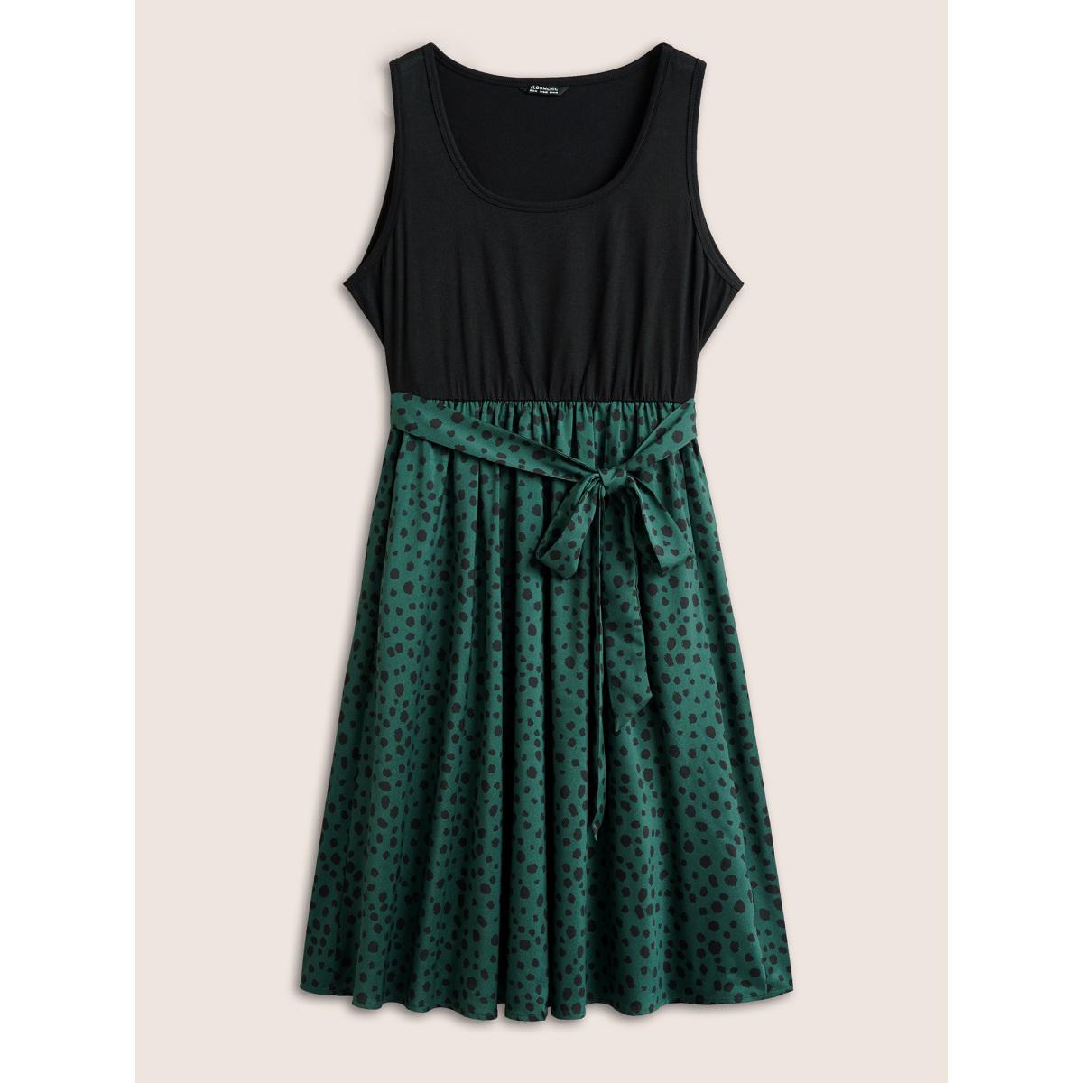 Plus Size Scoop Neck Leopard Patchwork Belted Dress Cyan Women Casual Non Sleeveless Curvy Midi Dress BloomChic 18-20/2X Product Image