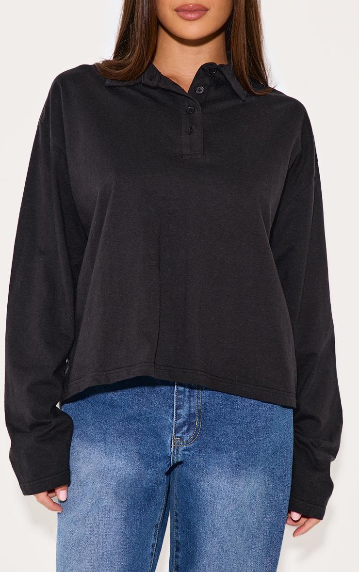 Black Cotton Collar Detail Long Sleeve Top Product Image