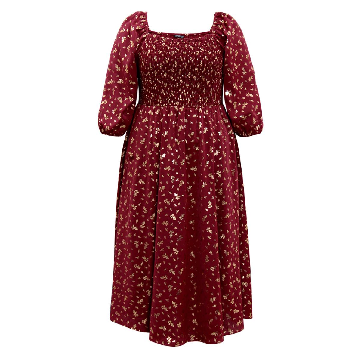 Plus Size Glitter Square Neck Shirred Split Front Frill Trim Dress Scarlet Women Party Elastic cuffs Square Neck Elbow-length sleeve Curvy Midi Dress BloomChic 14-16/1X Product Image