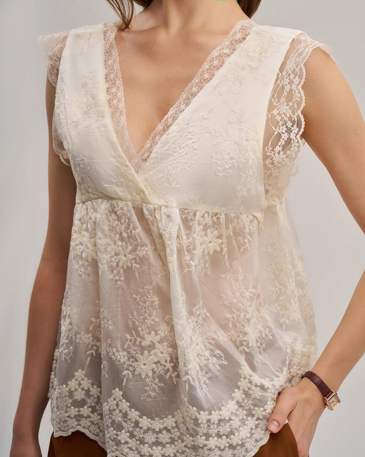 Apricot V Neck Lace See-Through Tank Top Product Image