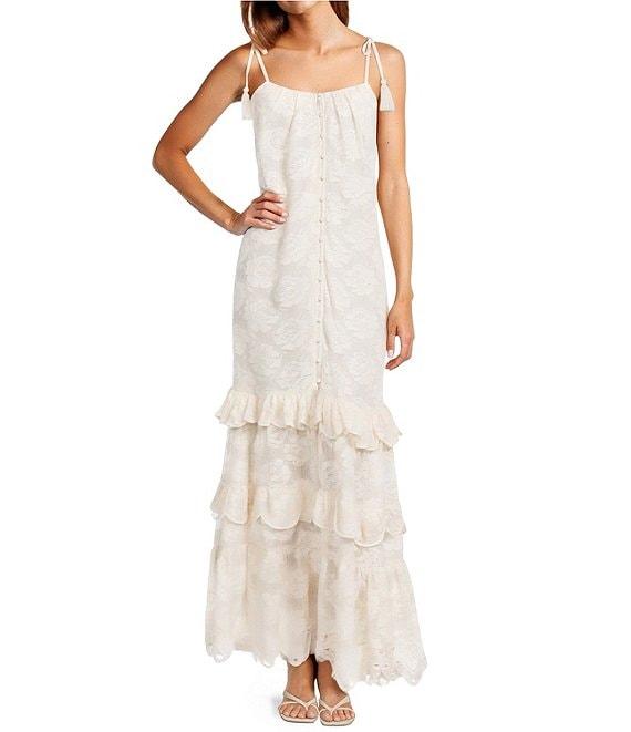 A Loves A Woven Embroidered Lace Sqaure Neck Spaghetti Tie Strap Button Front Tiered Flounce Maxi Dress Product Image