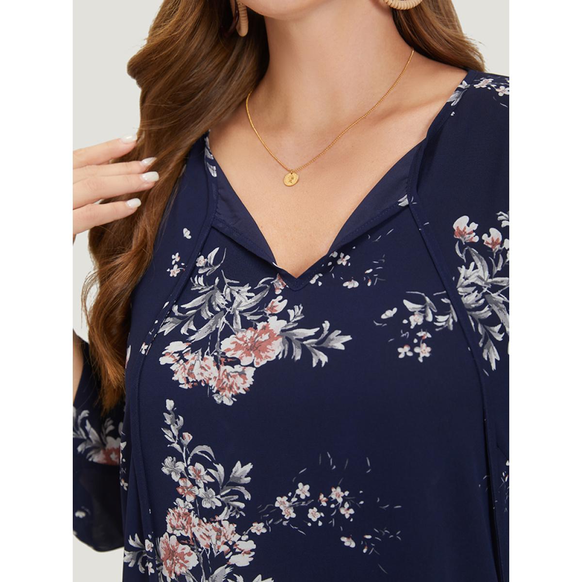 Plus Size Black Floral Print Knot Neck Mesh Tab Sleeve Blouse Women Elegant Elbow-length sleeve Tie Neck Dailywear Blouses BloomChic 10/M Product Image