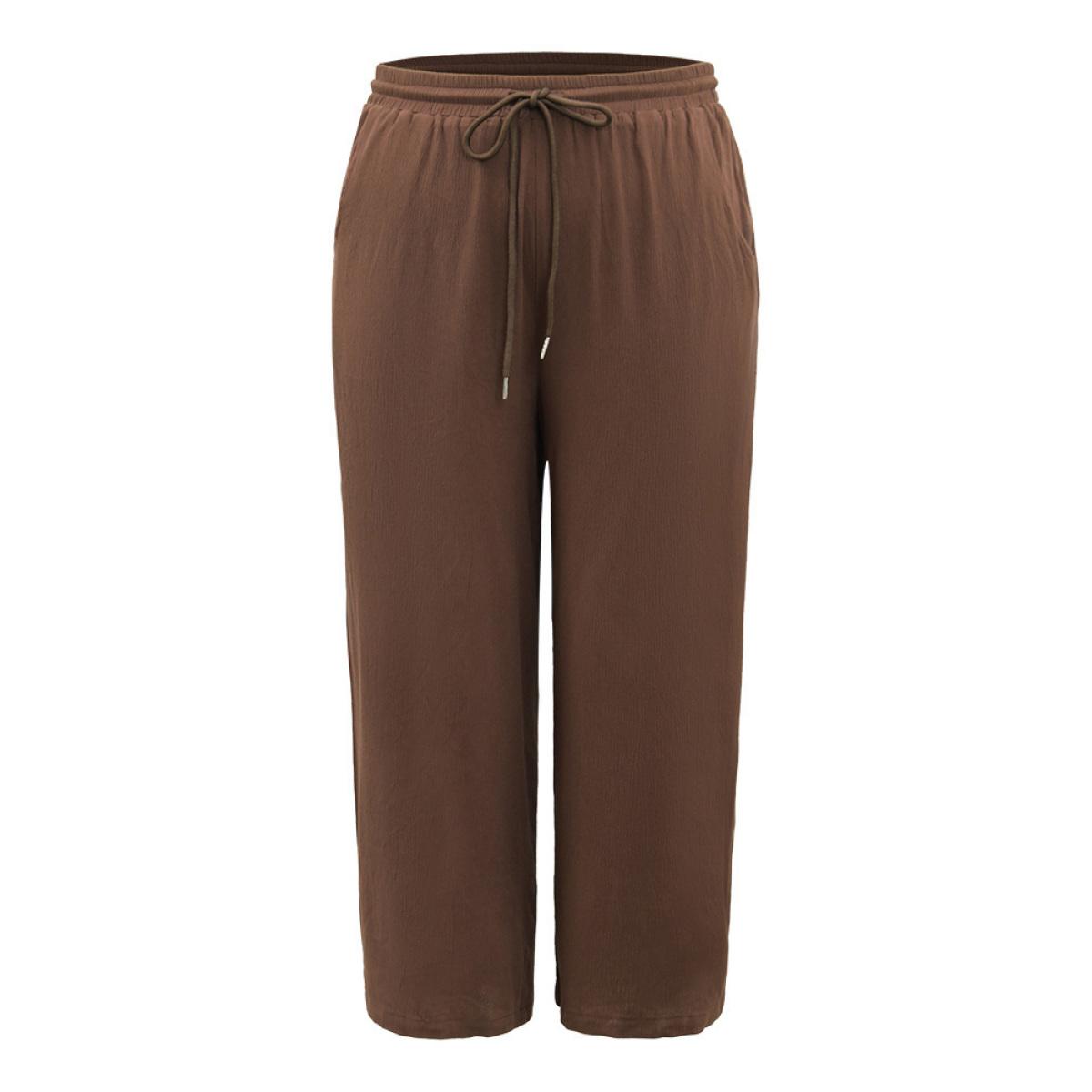 Plus Size Plain Drawstring Elastic Waist Straight Leg Pants Women DarkBrown Casual Harem High Rise Dailywear Pants BloomChic 22-24/3X Product Image