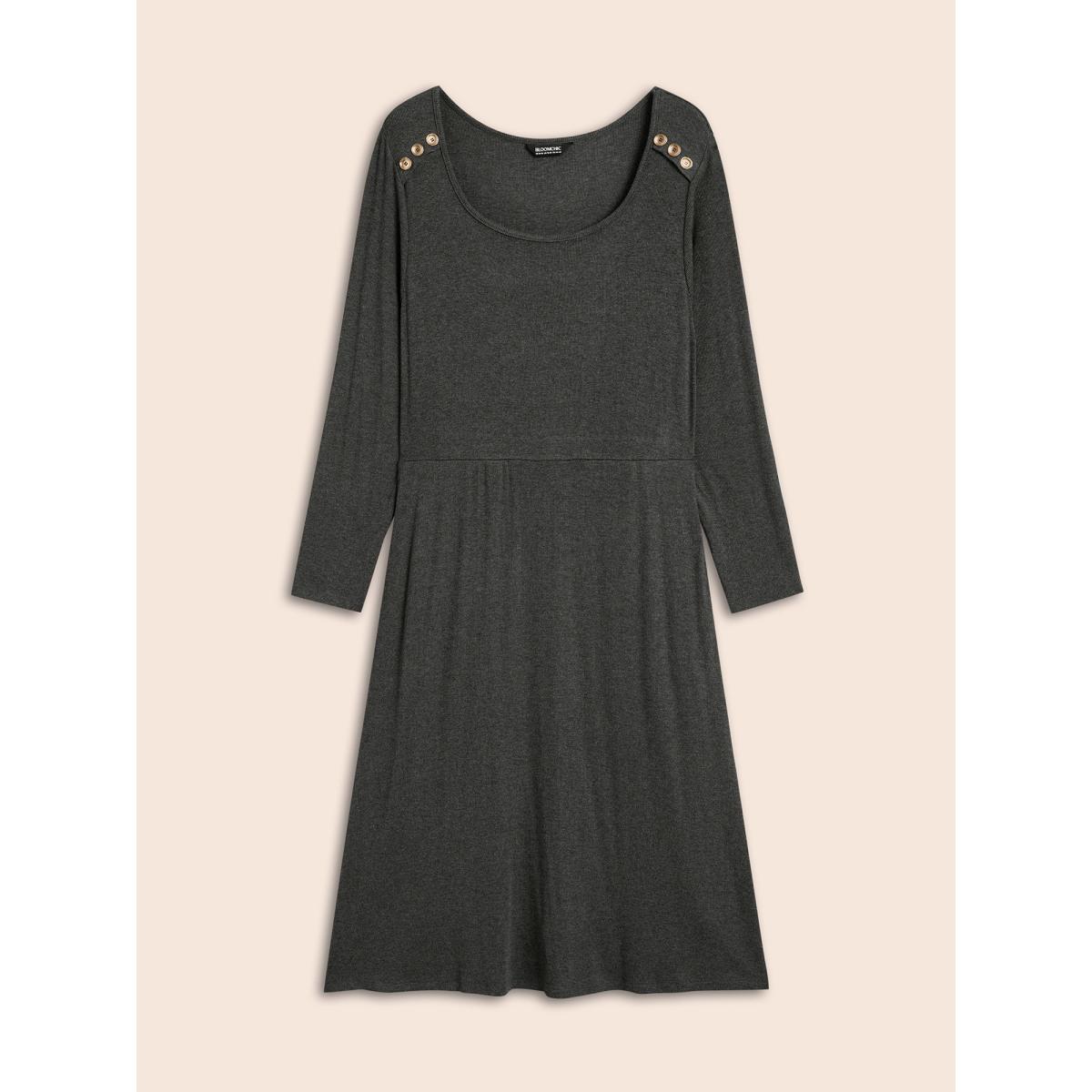 Plus Size Supersoft Essentials Button Shoulder Midi Dress DarkGray Women Casual Texture Square Neck Long Sleeve Curvy BloomChic 14-16/1X Product Image