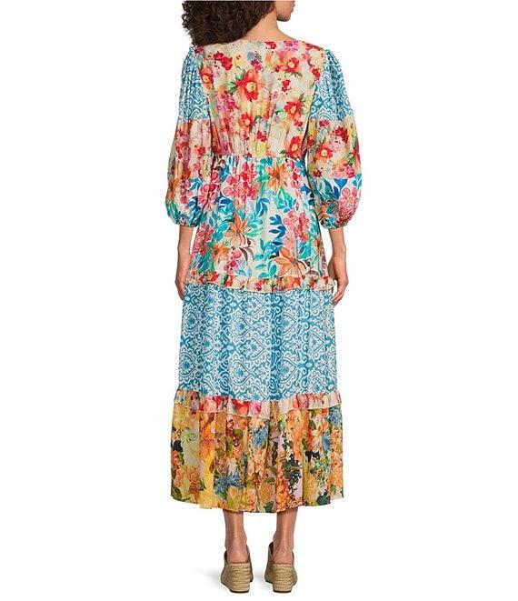 Calessa Patchwork Floral V-Neck 3/4 Sleeve A-Line Tiered Midi Dress Product Image