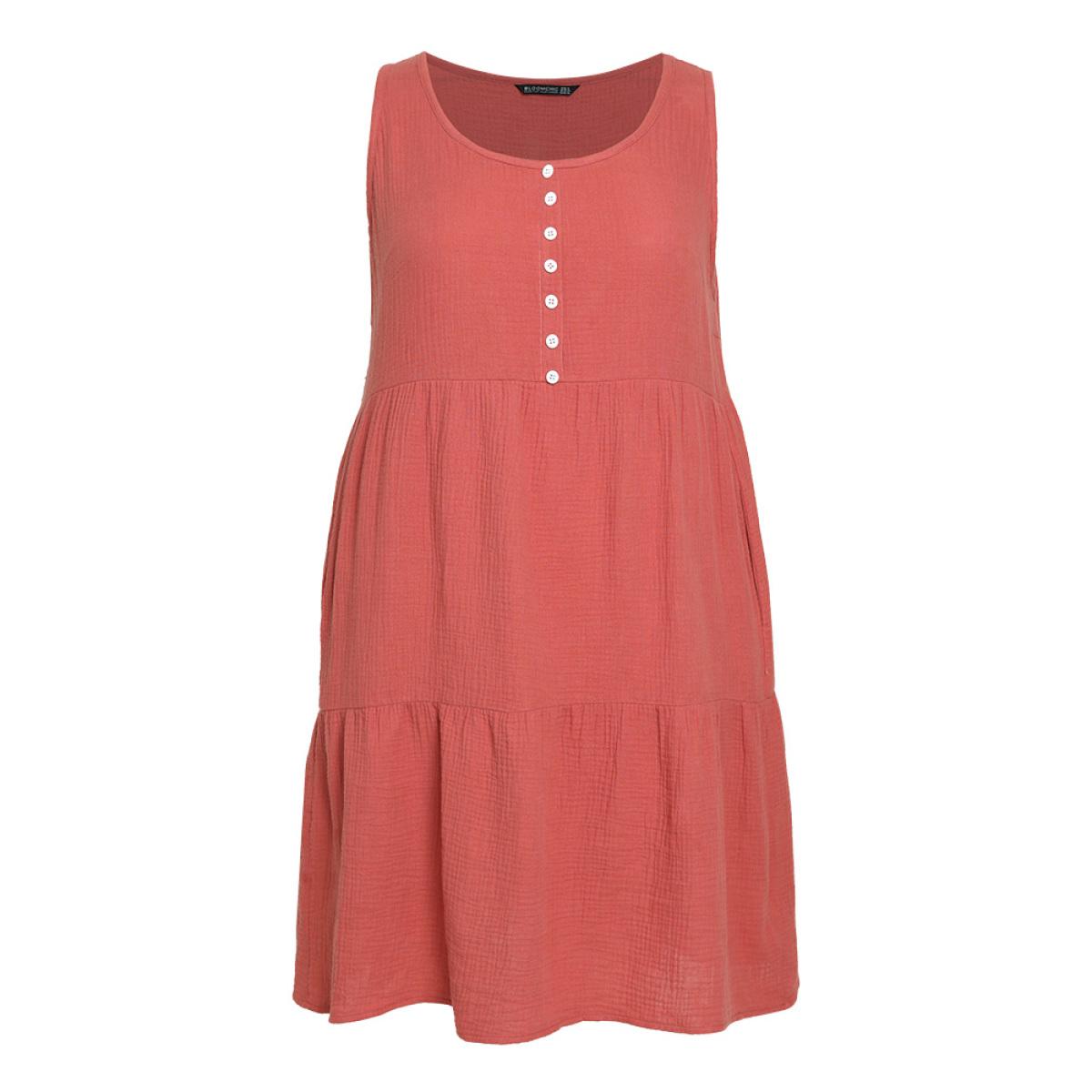 Plus Size Solid Button Detail Layered Hem Tank Dress Rust Women Vacation Button Round Neck Sleeveless Curvy Knee Dress BloomChic 12/L Product Image