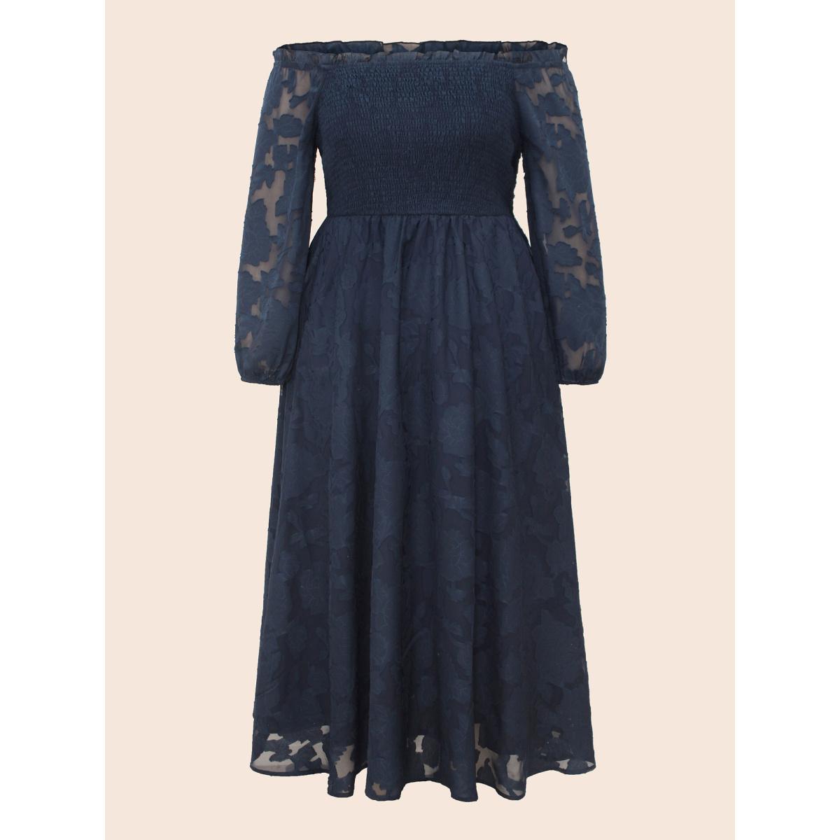 Plus Size Off Shoulder Shirred Frill Trim Dress Navy Women Cocktail Texture One-shoulder neck Long Sleeve Curvy BloomChic 30/6X Product Image