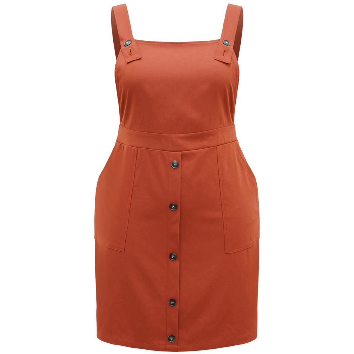 Plus Size Plain Button Up Pocket Suspender Skirt Brown Women Casual Adjustable Straps Spaghetti Strap Sleeveless Curvy Knee Dress BloomChic 10/M Product Image