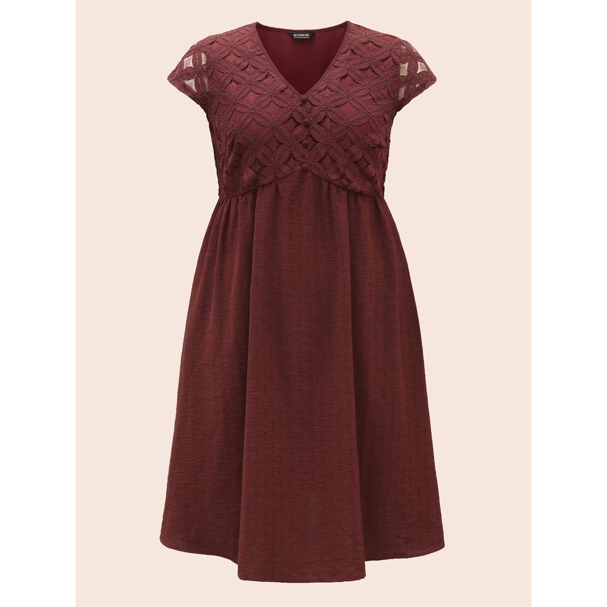 Plus Size Plain Lace Panel Cap Sleeve Dress Denimburgundy Women Elegant Texture V-neck Cap Sleeve Curvy BloomChic 26/4X Product Image