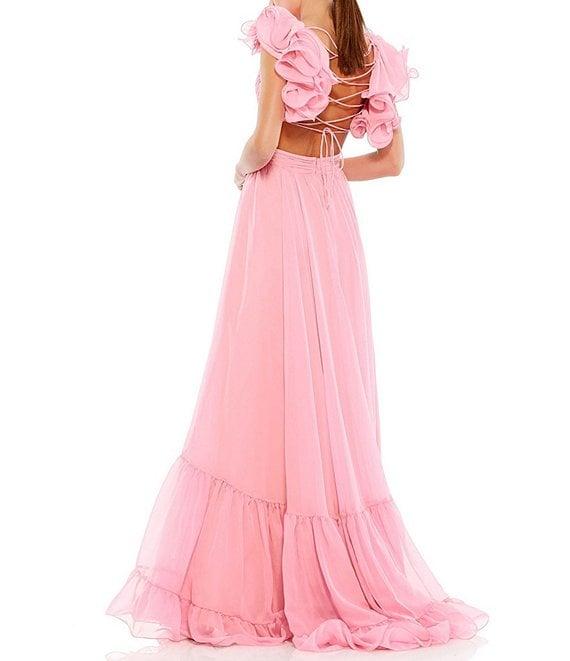 Ieena Mac Duggal Chiffon V-Neck Sleeveless Cut-Out Strappy Back Detail Tiered Ruffle Hem Gown Product Image