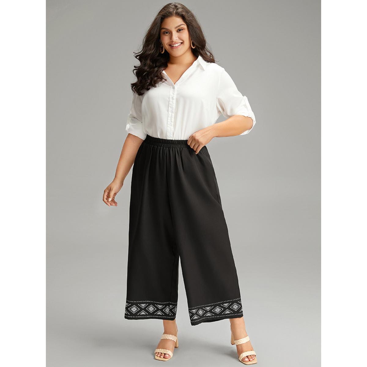 Plus Size Boho Print Elastic Waist Straight Leg Pants Women Black Vacation Straight Leg High Rise Dailywear Pants BloomChic 12/L Product Image