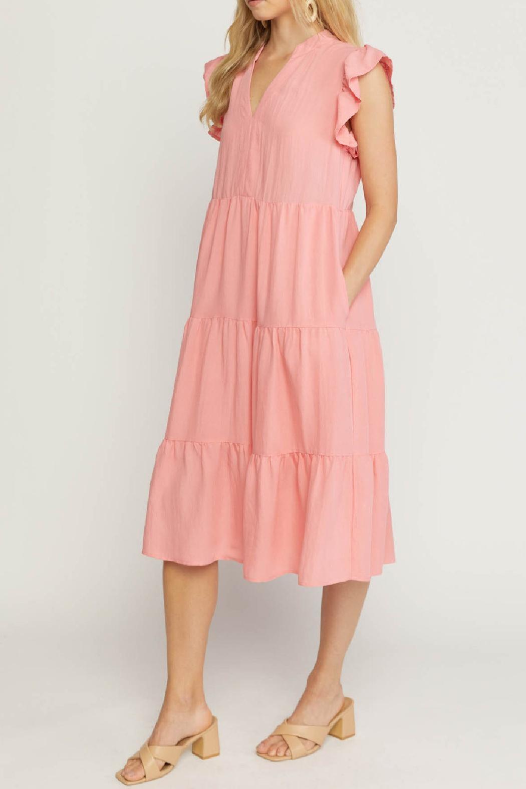 Knee Length Ruffle Sleeve Dress Product Image