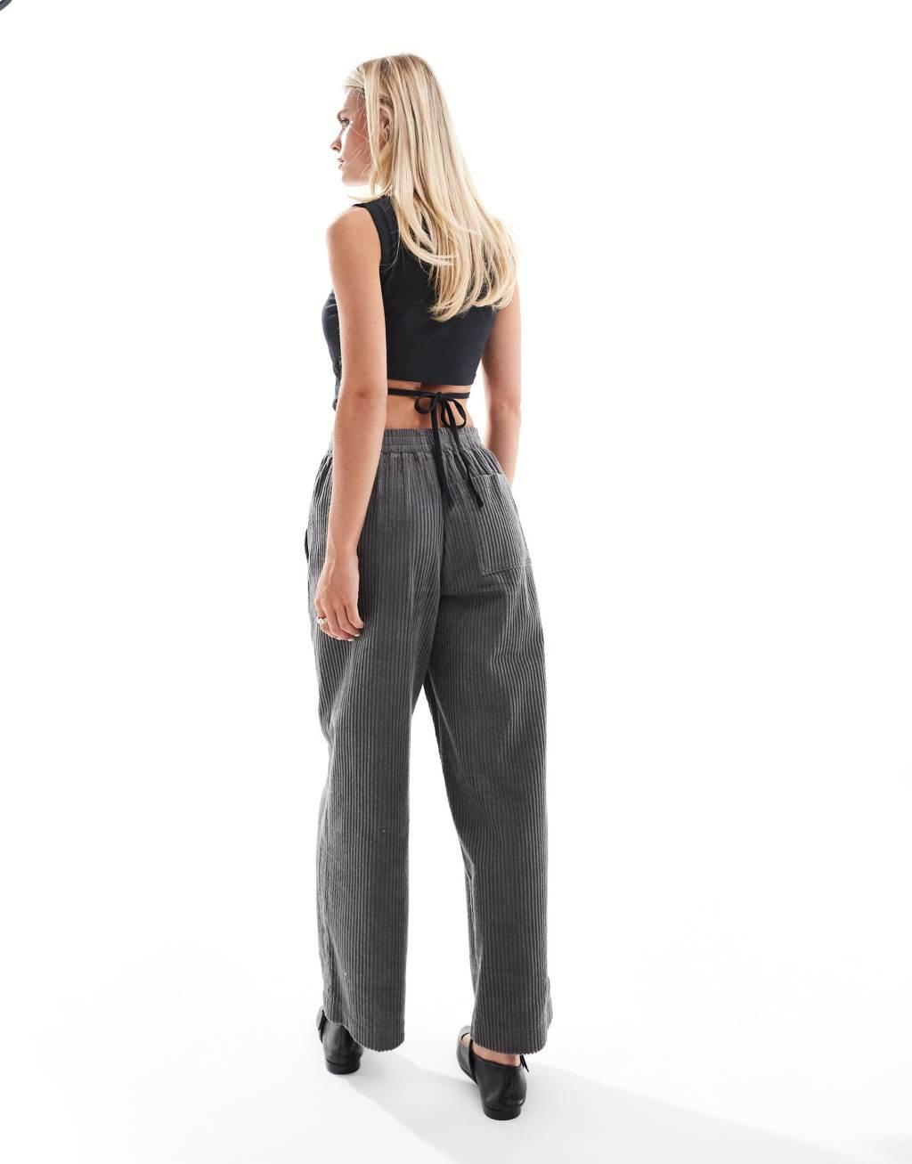 ASOS DESIGN Petite cord barrel pants in charcoal Product Image