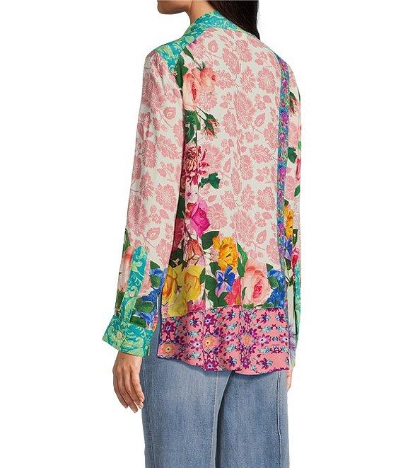 John Mark Petite Size Woven Mixed Floral Point Collar Long Roll-Tab Sleeve Button-Front Blouse Product Image