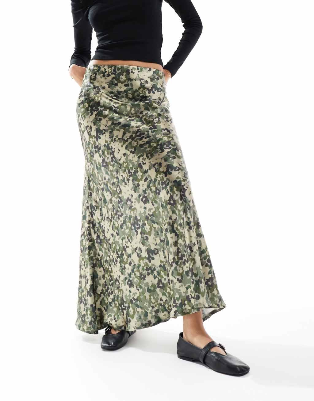 Threadbare satin maxi skirt in olive digital print Product Image