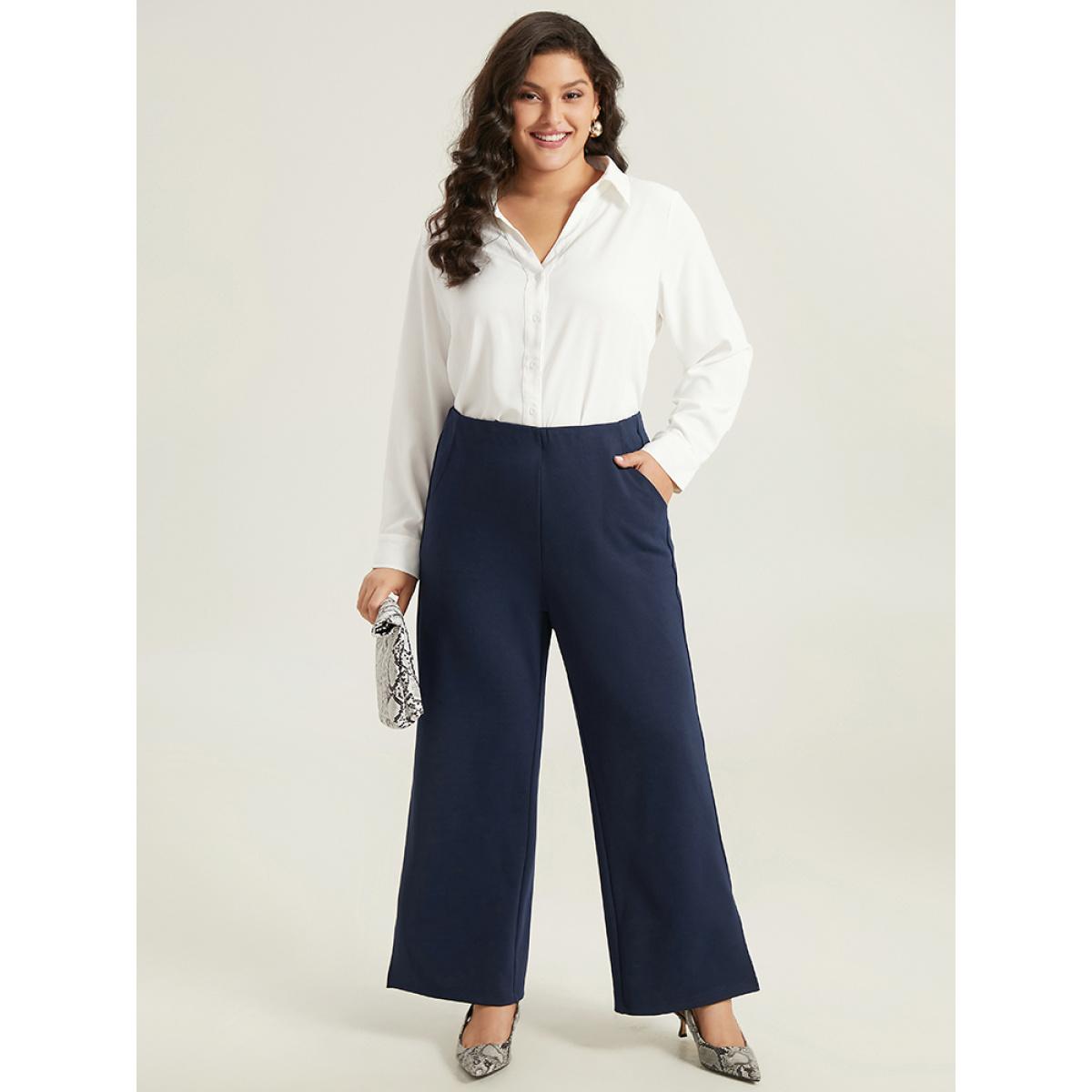Plus Size Solid Split Side Elastic Waist Pants Women Indigo Office Straight Leg High Rise Work Pants BloomChic 26/4X Product Image