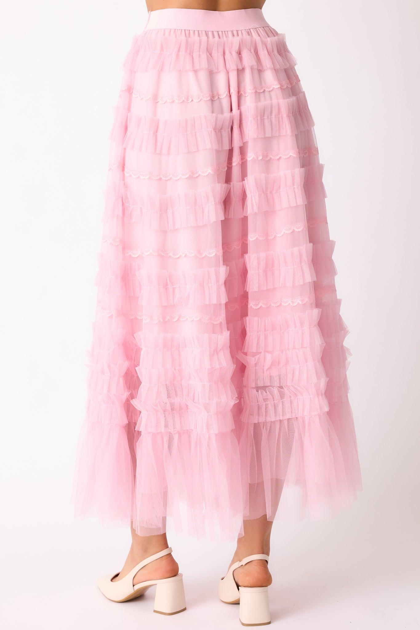 Walk In The Garden Light Pink Ruffle Tulle Midi Skirt Product Image