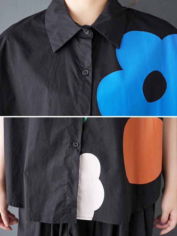 Loose Short Sleeves Buttoned Flower Print Lapel Blouses&Shirts Tops Product Image