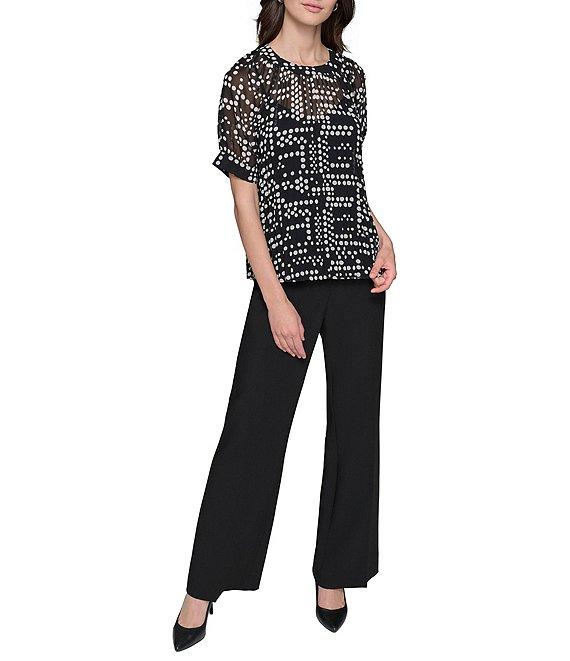 KARL LAGERFELD PARIS Dot Print Pleated Crew Neck Short Sleeve Blouse Product Image