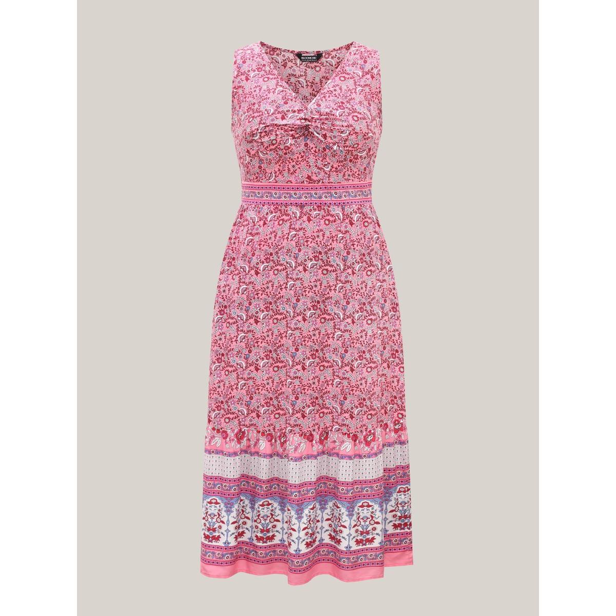 Plus Size Rayon Floral Print Stretchy Waist Maxi Dress DustyPink Women Boho V-neck Sleeveless Curvy BloomChic 10/M Product Image