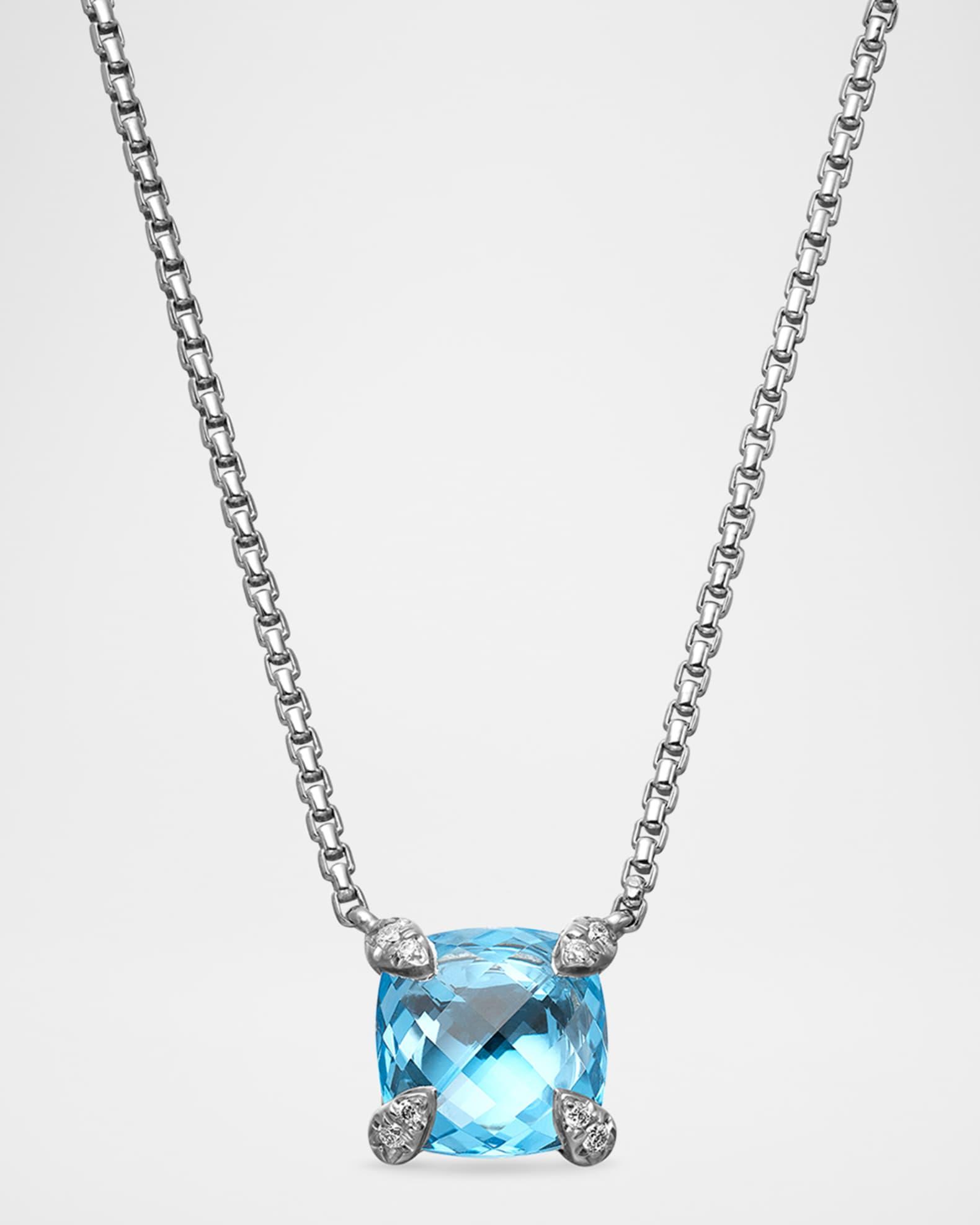 Chatelaine Cushion Pendant Necklace with Gemstone and Diamonds in Silver, 8mm, 16-18"L Product Image