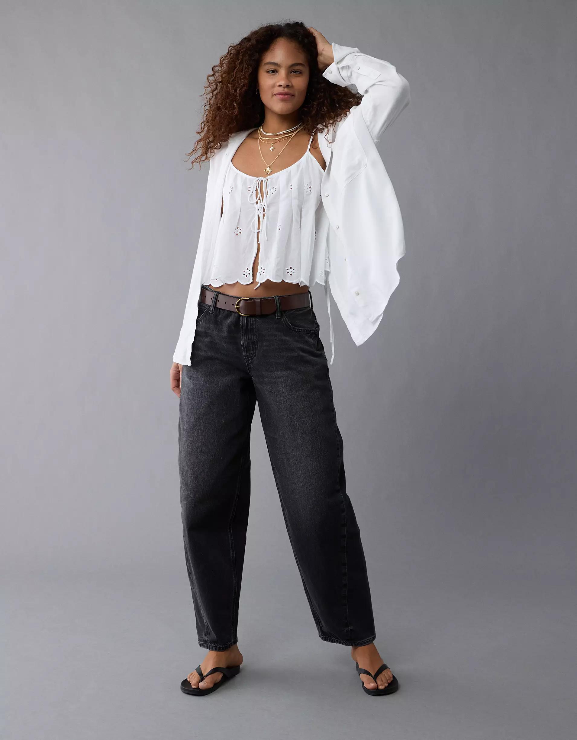 AE Long-Sleeve Tie Back Button-Up Shirt Product Image