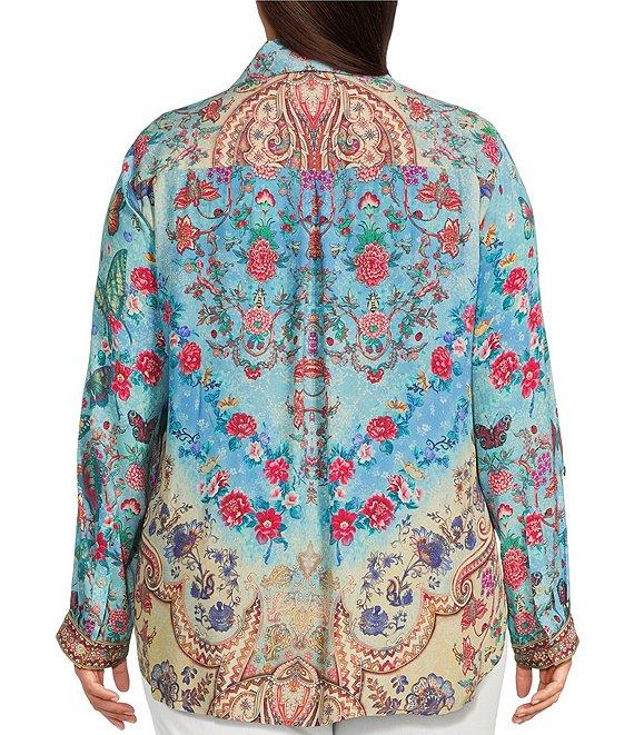 John Mark Plus Size Embroidered Multi Print Point Collar Long Roll-Tab Sleeve Button Front Top Product Image