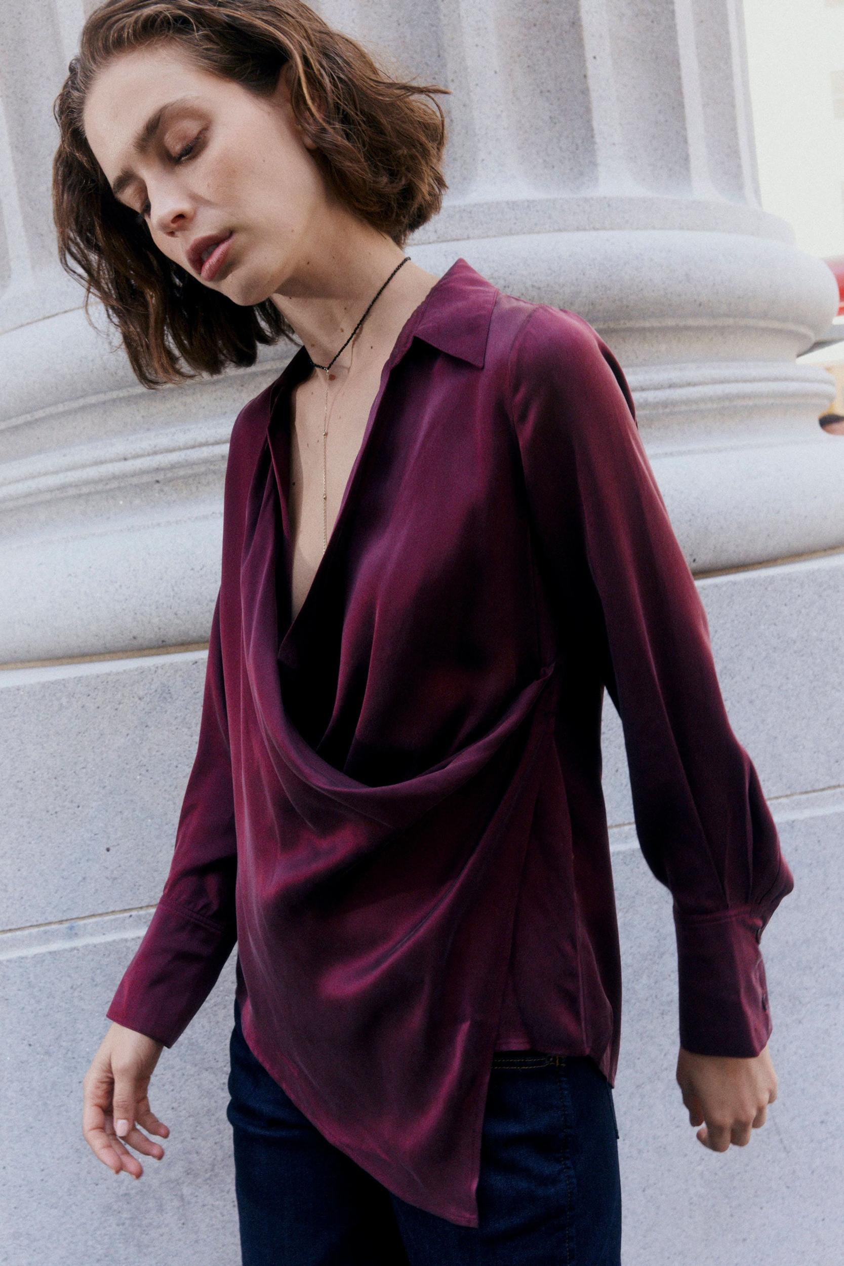 Collared Wrap Washable Silk Blouse Product Image