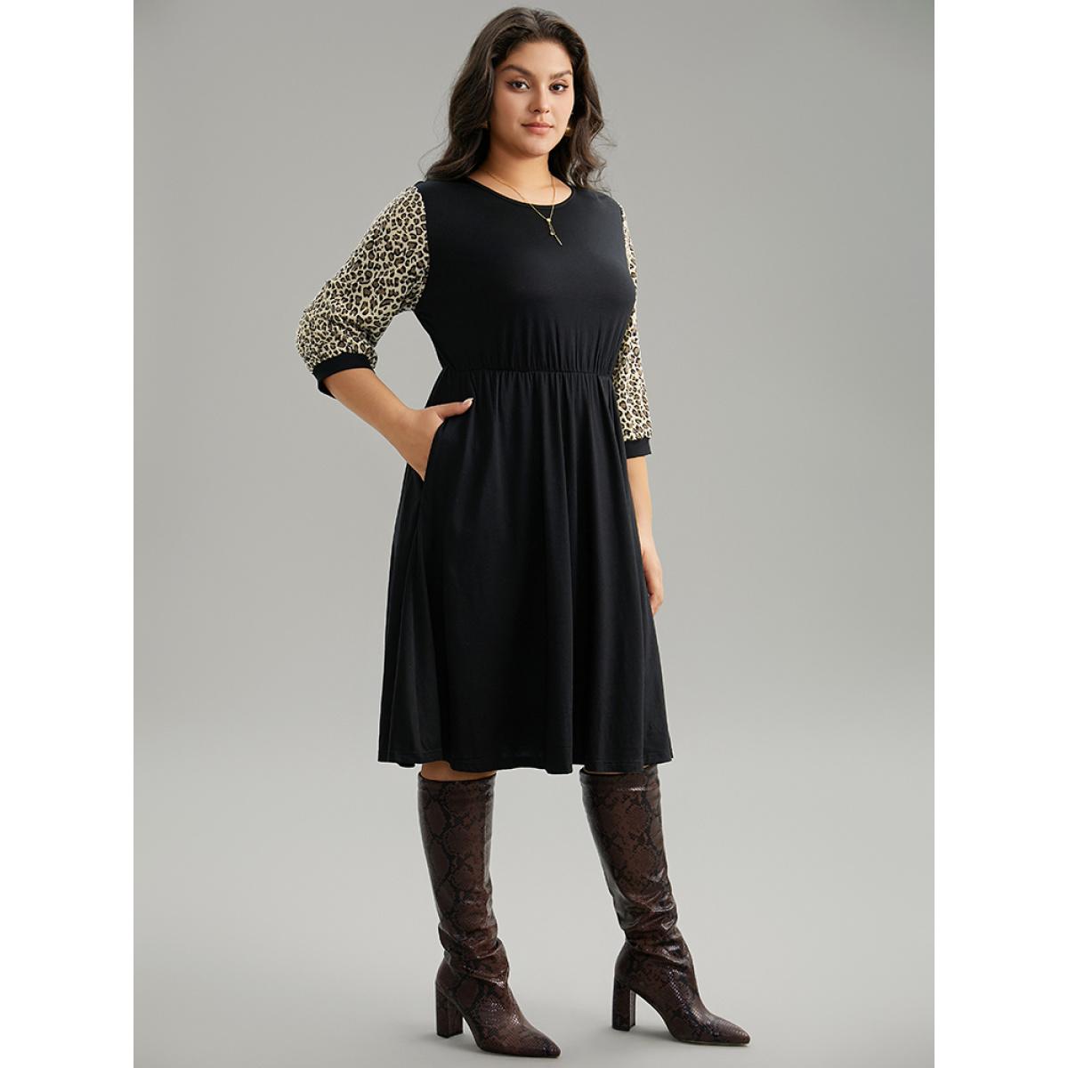 Plus Size Leopard Patchwork Pocket Elastic Waist Dress Black Women Casual Printed Round Neck Elbow-length sleeve Curvy Midi Dress BloomChic 30/6X Product Image