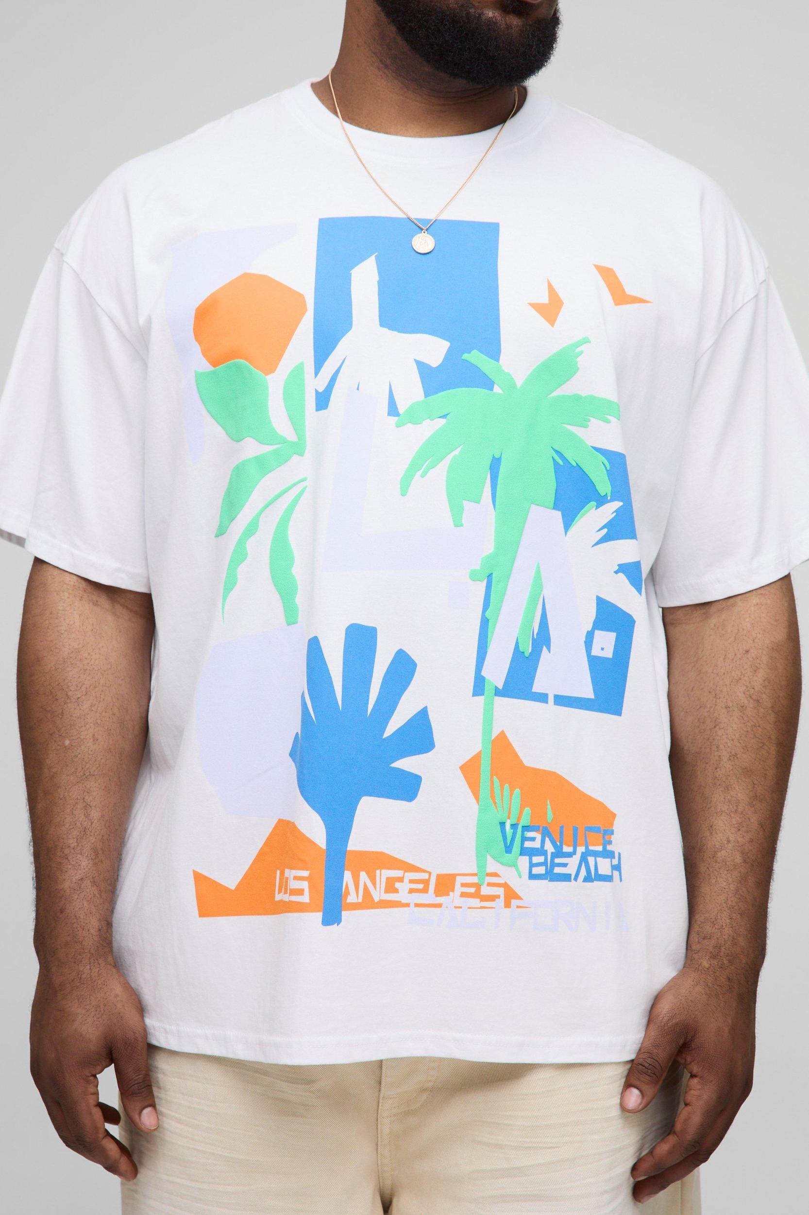 Plus Oversized Retro LA Palm Puff Print T-Shirt | boohooMAN USA Product Image