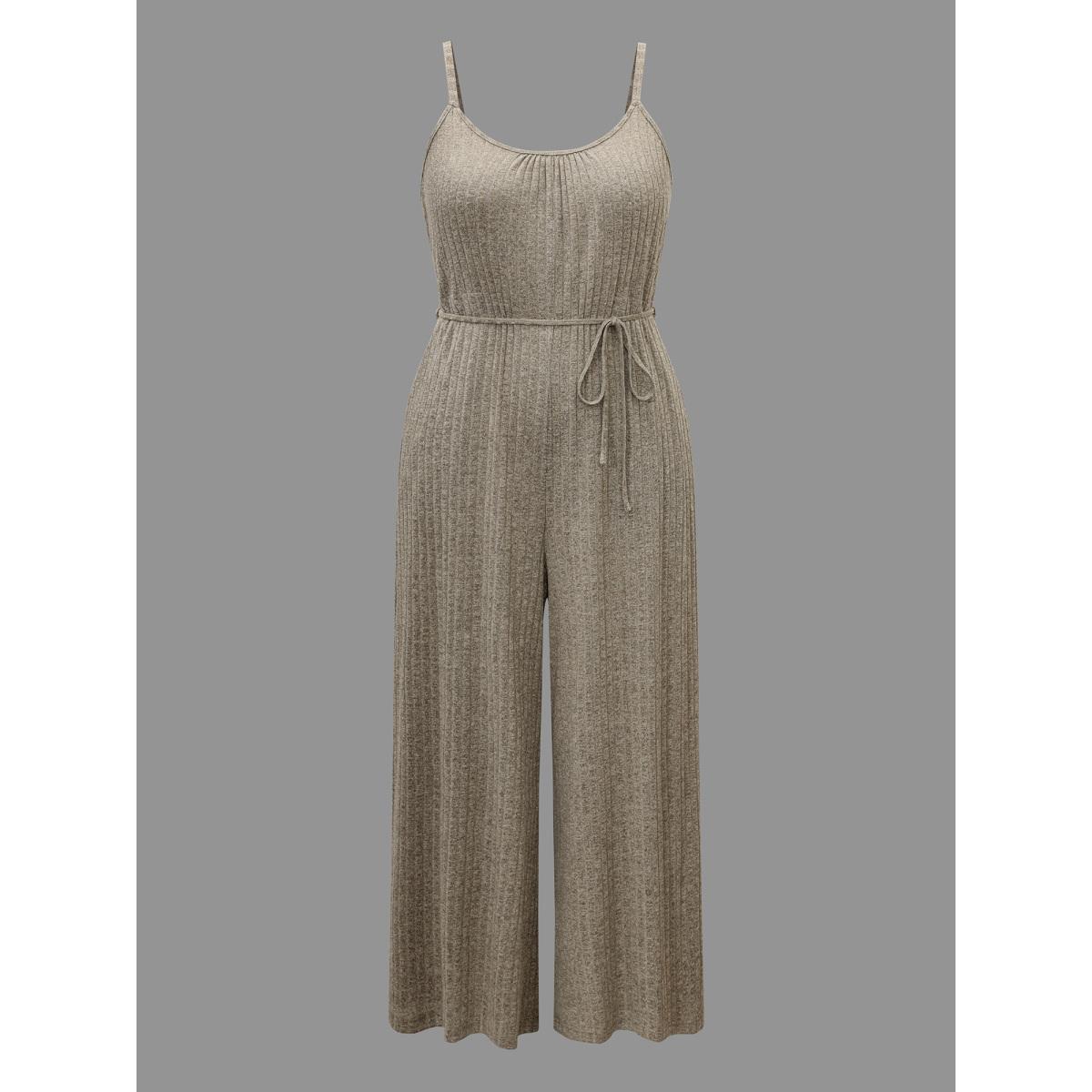 Plus Size Champagne Textured Waist-Tie Pockets Jumpsuit Women Lounge Sleeveless U-neck Everyday Loose Jumpsuits BloomChic 10/M Product Image