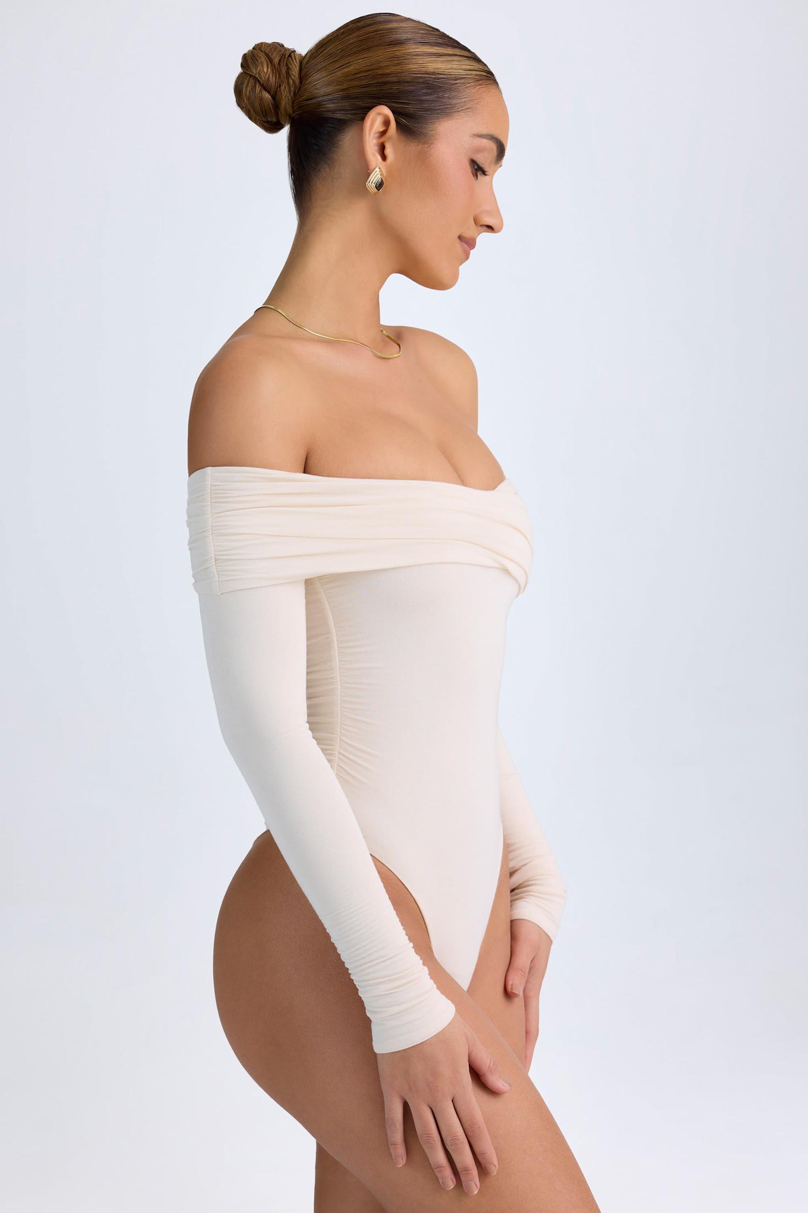 Modal Off-Shoulder Ruched Bodysuit in Ivory Product Image