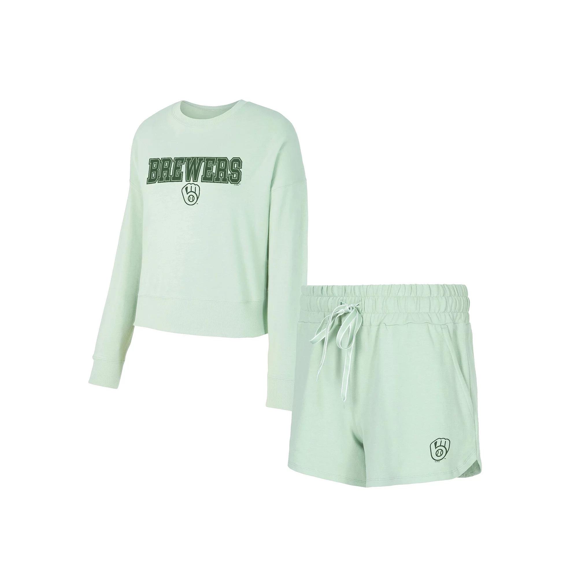 Women's Concepts Sport  Light Green Milwaukee Brewers Elevation Tri-Blend Long Sleeve T-Shirt & Shorts Set, Size: XL, Lt Gre Product Image