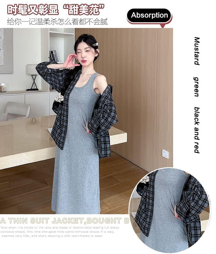 Maternity Sleeveless Scoop Neck Plain Midi Tank Dress / Collared Plaid Button Up Shirt Product Image