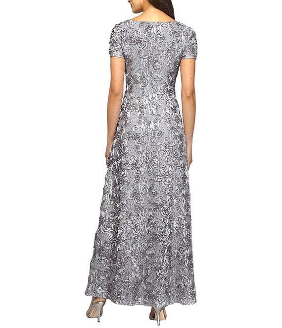 Alex Evenings Sequin Floral Lace Ribbon Rosette Round Neck Short Sleeve Gown Product Image