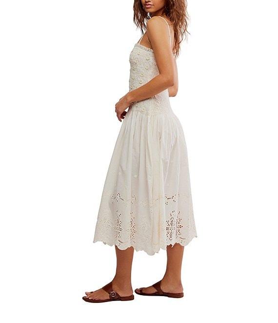 Free People Daphne Embroidered Floral Applique Square Neck Sleeveless Smocked Drop Waist Midi Dress Product Image
